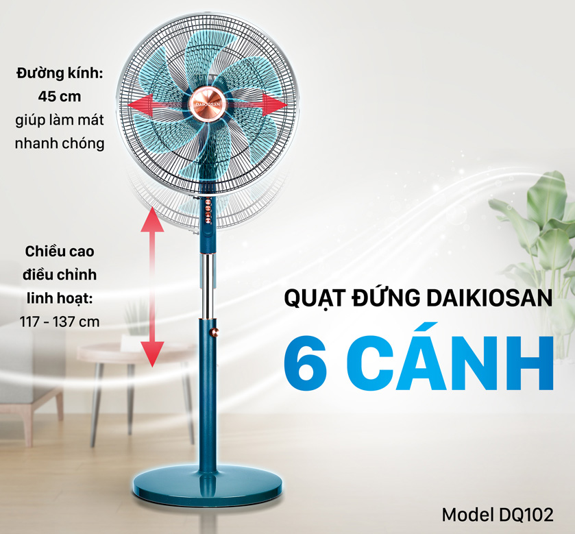 Quạt cây Daikiosan được thiết kế cánh và điều chỉnh độ cao linh hoạt