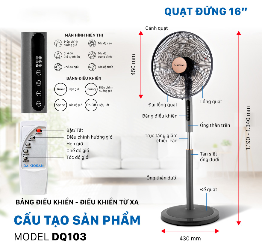 Quạt cây đứng lifestyle Daikiosan DQ103 thông số