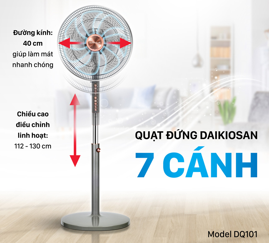 Quạt cây DQ101 Thiết kế 7 cánh kèm tính năng điều chỉnh chiều cao từ 112cm đến 130cm