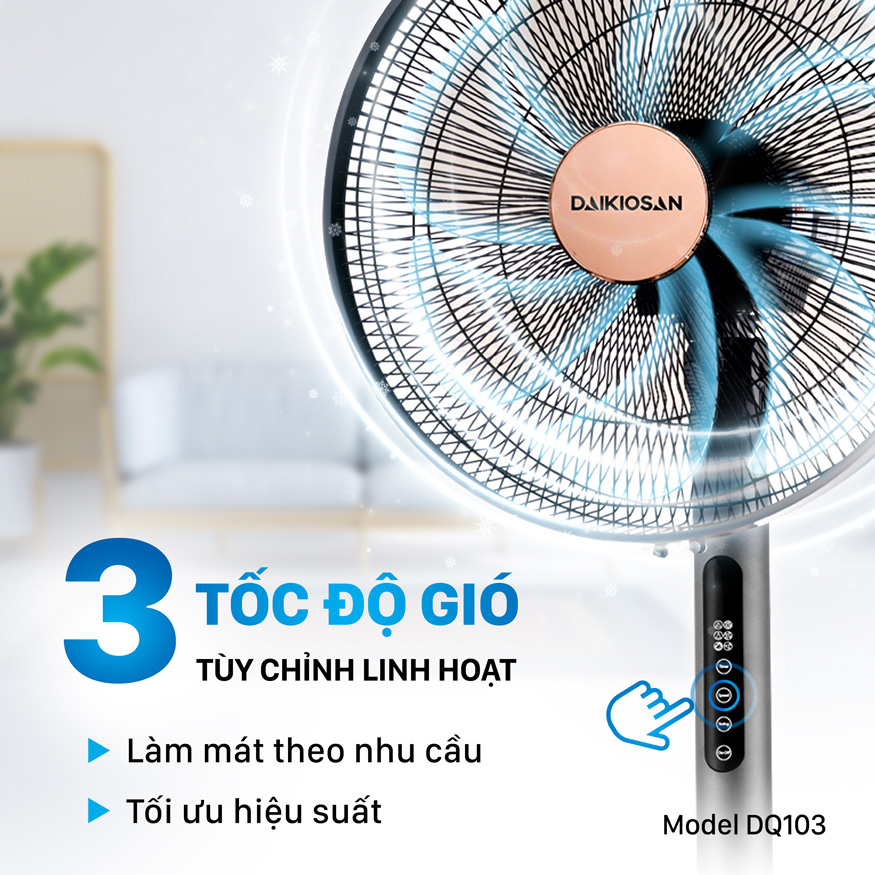 Quạt đứng Daikiosan DQ103 với 3 tốc độ gió dễ dàng điều chỉnh theo ý muốn