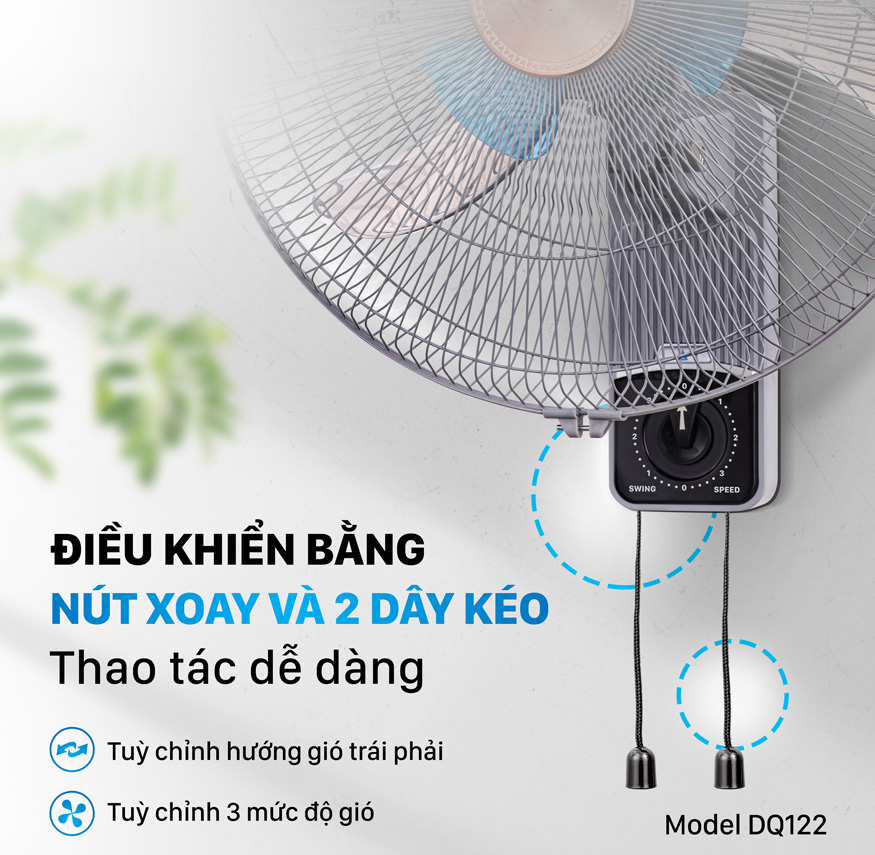 Quạt điện Daikiosan DQ122 với chế độ gió thường cùng 3 cấp độ gió điều chỉnh bàng nút vặn xoay