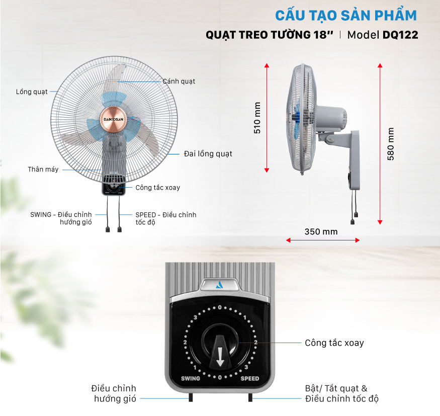 Quạt Treo Daikiosan DQ122 thông số cấu tạo