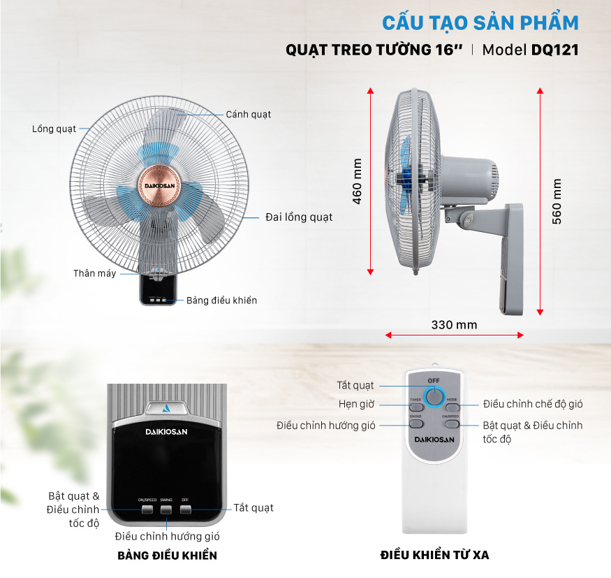 Quạt Treo Tường Daikiosan 121 có điều khiển cáu tạo tính năng