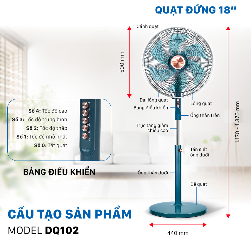 Quạt Cây Đứng Daikiosan DQ102 các tính năng của quạt cây