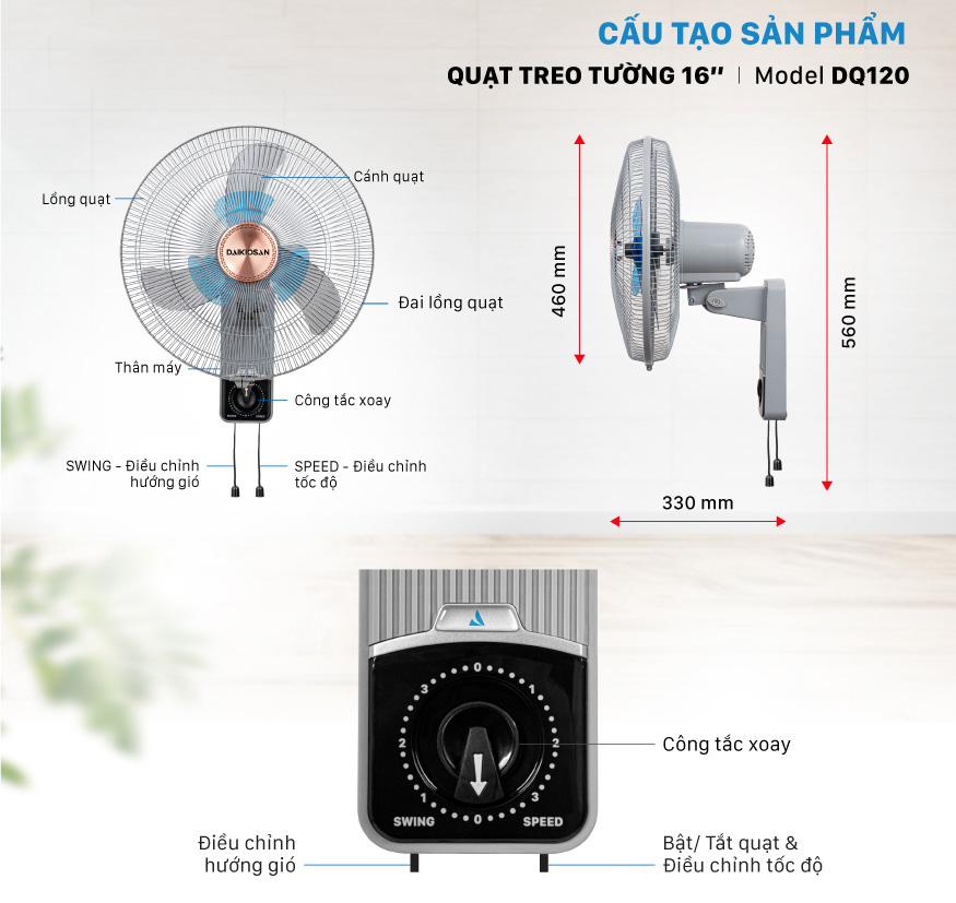 Quạt Treo Tường Daikiosan 120 thông số và tính năng